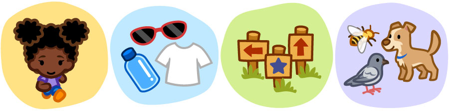 A character, water bottle, white shirt, sunglasses, signs, bee, dog, and pidgeon.