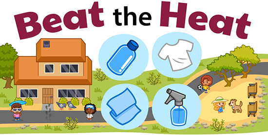 An illustration that says "Beat the Heat" in large letters with a neighborhood scene and icons of items that can help with heat safety floating on top