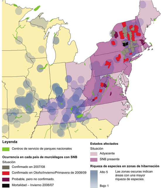 Map Showing Range of White-nose Syndrome