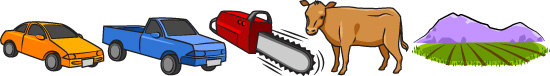 car, truck, chainsaw, cow, rice field