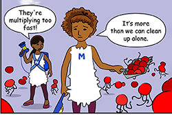 Our viral attack comic characters, neutrophil and macrophage, realizing they need more help to fight off the invaders.