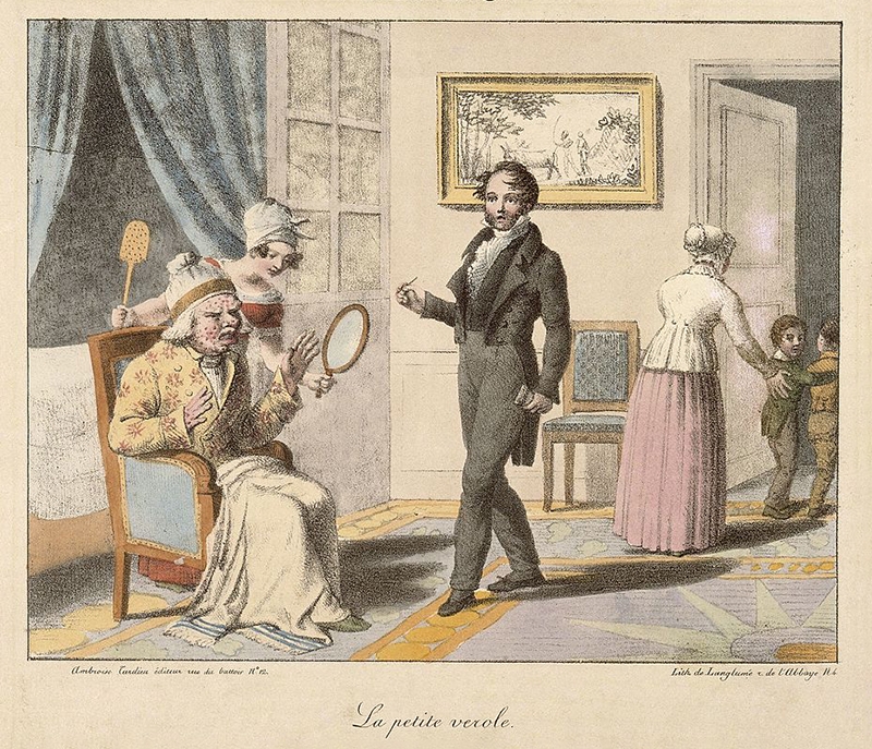 Painting of an old man being shown his small pox by a maid