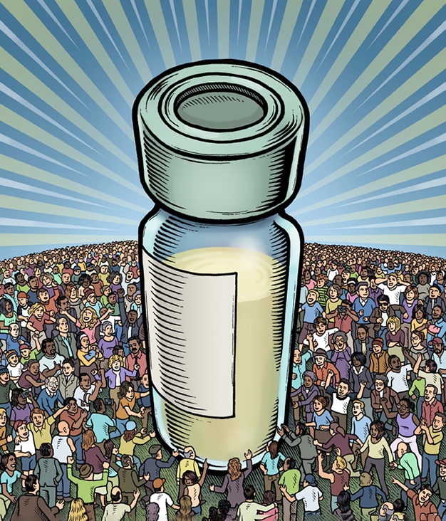 Illustration of a vaccine vial surrounded by people; The Vaccine, by Mario Zucca